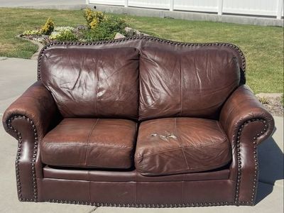 Brown Leather Nailhead Loveseat Sofa with Removable Wooden Bun Feet