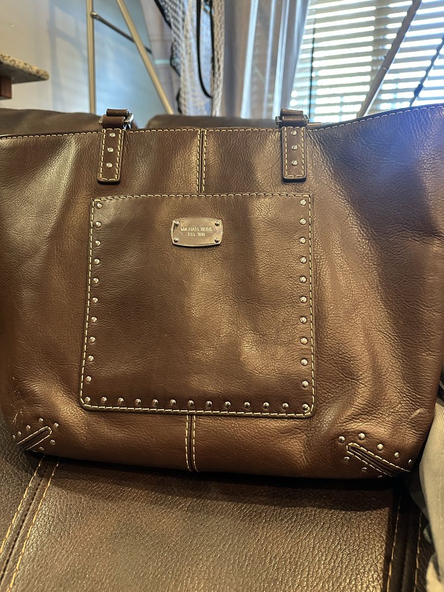 Michael Kors Brown Leather Tote Bag with Studs and White Stitching