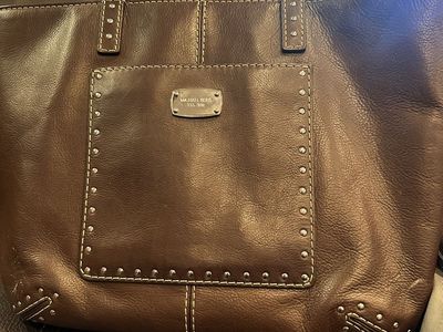Michael Kors Brown Leather Tote Bag with Studs and White Stitching