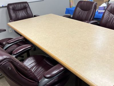 Large Table and chairs Beige Top with Wood Trim,