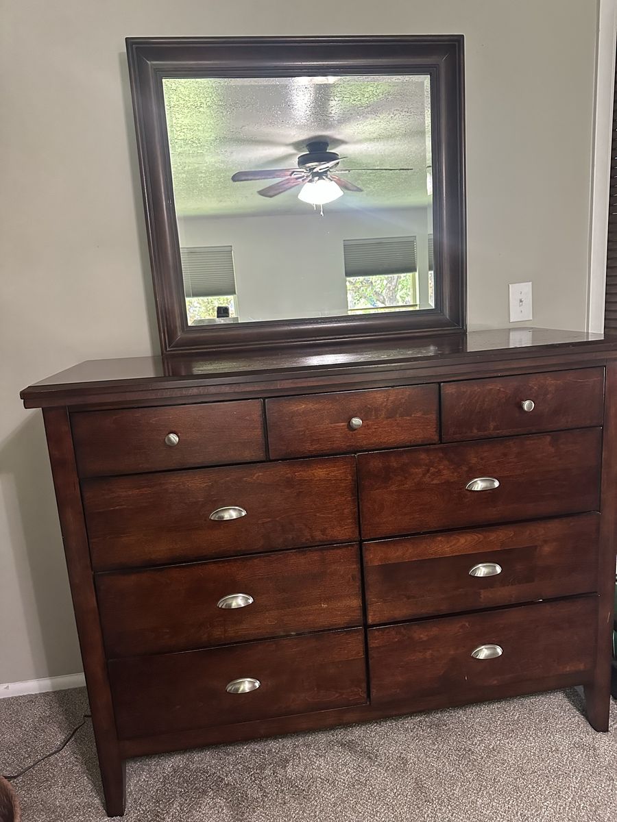 Dark Wood Bedroom Furniture Set: Dresser with Mirror, Media Chest, and 2 Nightstands