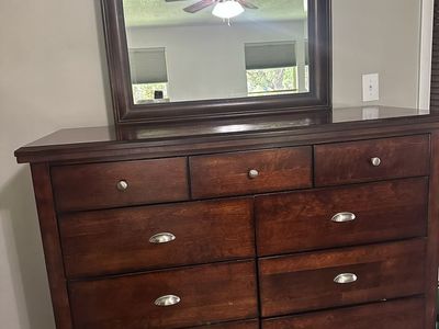 Dark Wood Bedroom Furniture Set: Dresser with Mirror, Media Chest, and 2 Nightstands