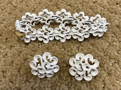 Vintage Bright White Metal Bracelet and Earring Set - 1960's