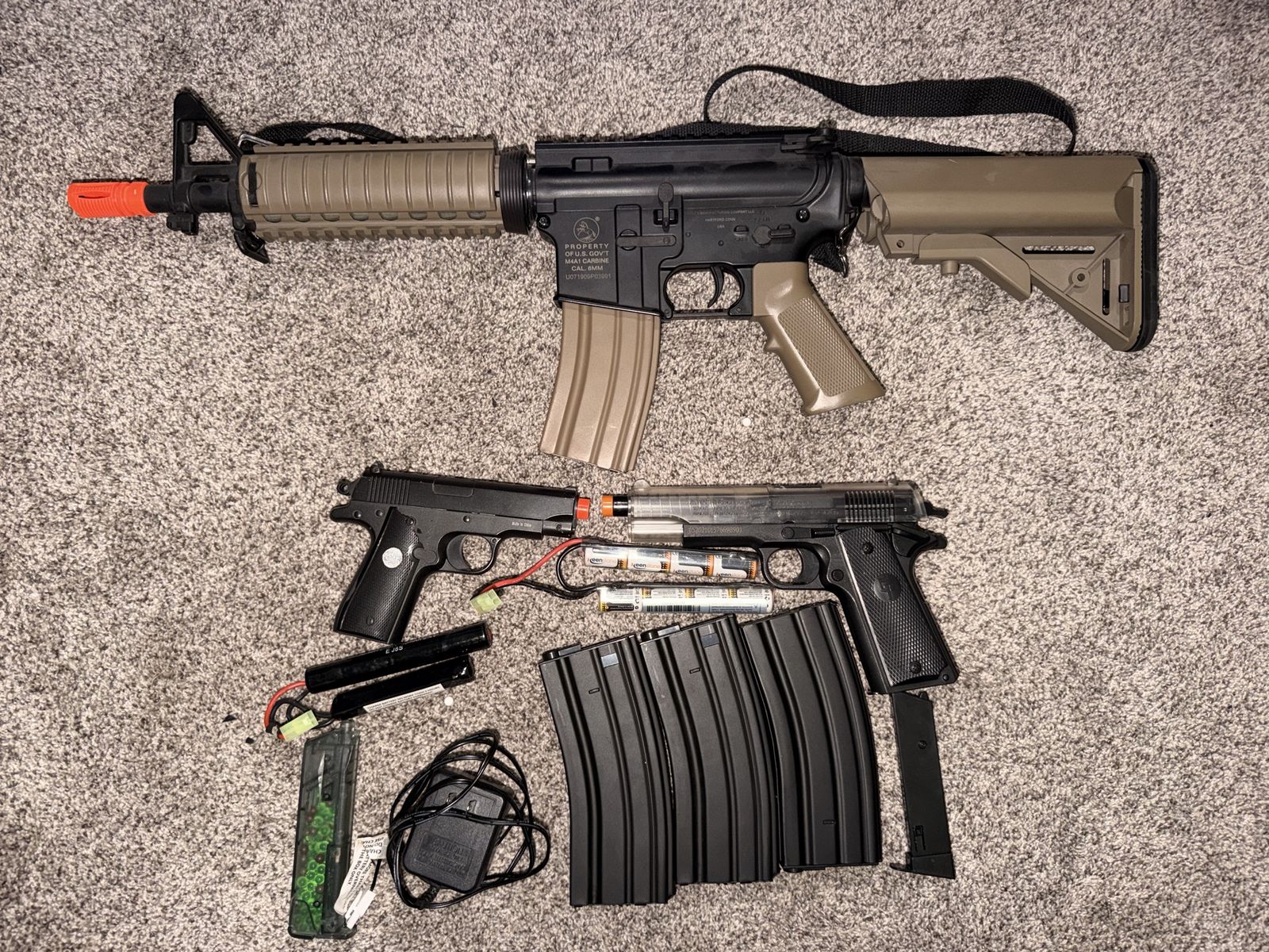 Airsoft Gun & Gear Lot - AR-style Rifle, 2 Pistols, Mags, Ammo, Vest & Case