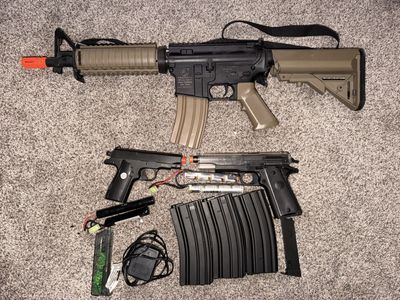 Airsoft Gun & Gear Lot - AR-style Rifle, 2 Pistols, Mags, Ammo, Vest & Case