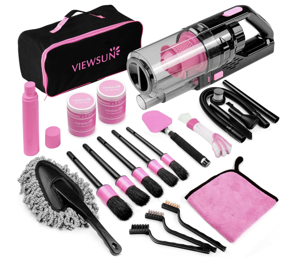 NEW 17pcs Car Cleaning Kit, Pink Car Interior Detailing Kit with High Power Handheld Vacuum, Detailing Brush Set