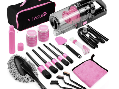 NEW 17pcs Car Cleaning Kit, Pink Car Interior Detailing Kit with High Power Handheld Vacuum, Detailing Brush Set