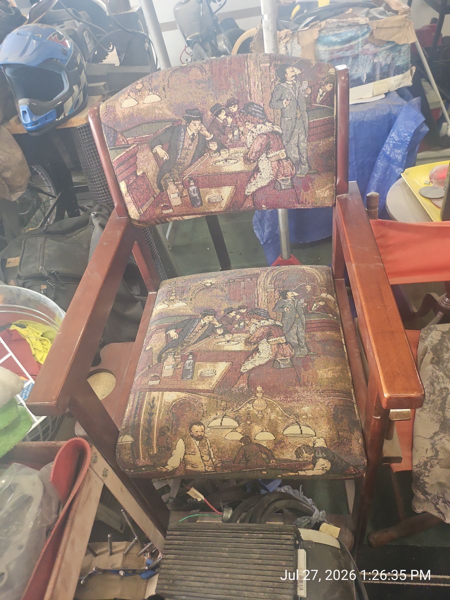 2 Ea Vintage Wooden Bar Stool Chair with Upholstered Back and Seat - Unique Pub Scene Design