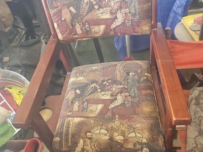2 Ea Vintage Wooden Bar Stool Chair with Upholstered Back and Seat - Unique Pub Scene Design