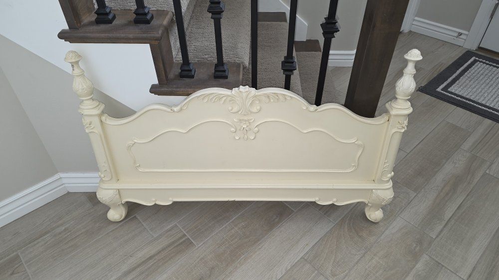 Vintage French Provincial Carved Wood Twin Headboard & Footboard - Creamy White Finish