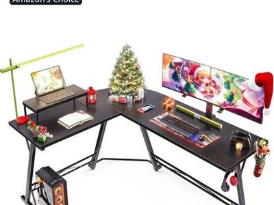 L-Shaped Corner Computer Desk with Metal Legs - Black, Space-Saving Workstation