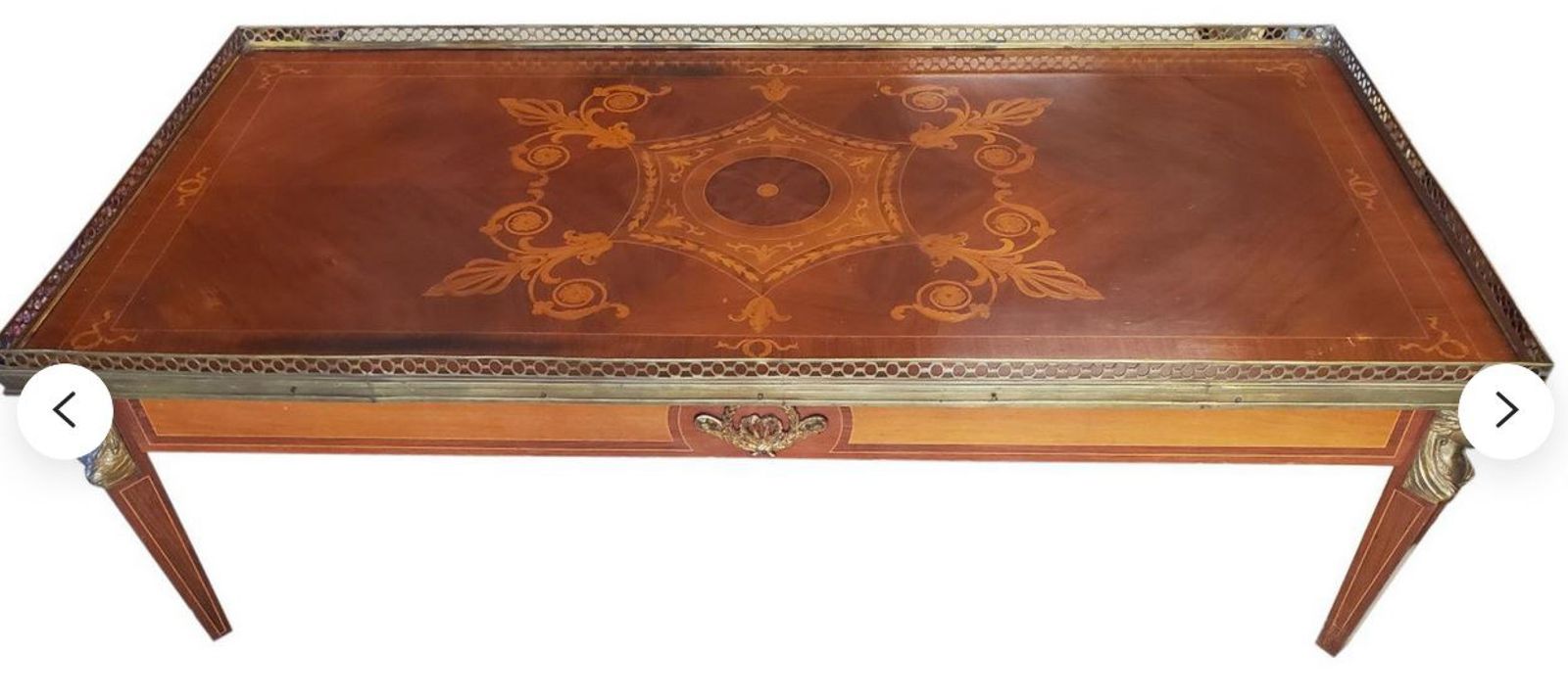 Antique French Empire Style Cocktail Table, Marquetry Inlay, Brass Gallery Rail, c. 1910