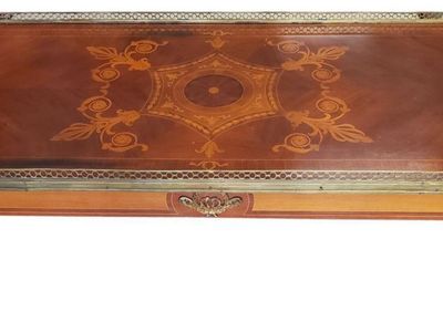 Antique French Empire Style Cocktail Table, Marquetry Inlay, Brass Gallery Rail, c. 1910