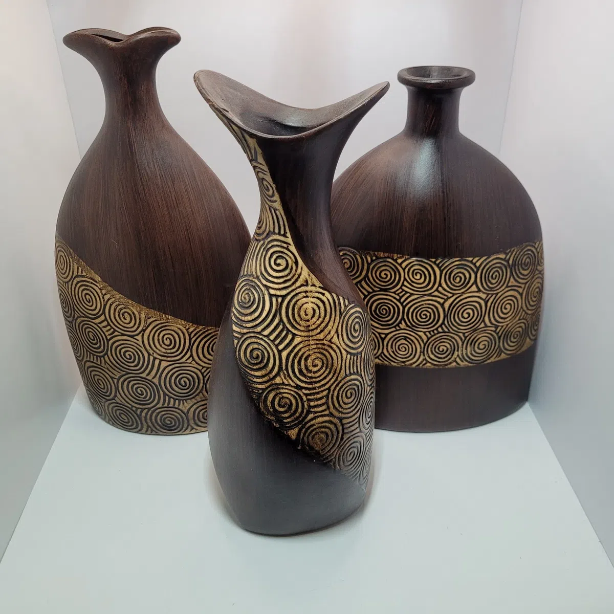 3pc Modern Ceramic Vase Set Brown Gold Swirl Abstract Geometric Home Decor Flant