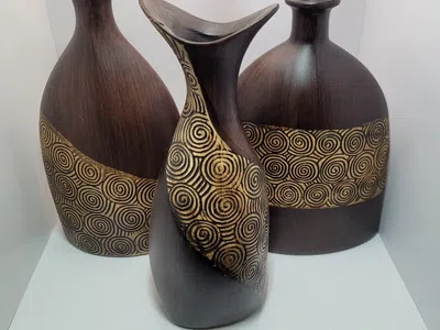 3pc Modern Ceramic Vase Set Brown Gold Swirl Abstract Geometric Home Decor Flant