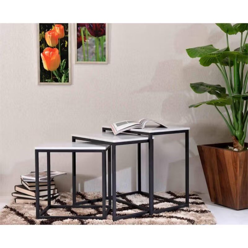 Coast To Coast Home 3 Tier White Marble & Ponga Black Iron Rectangular Nesting Tables