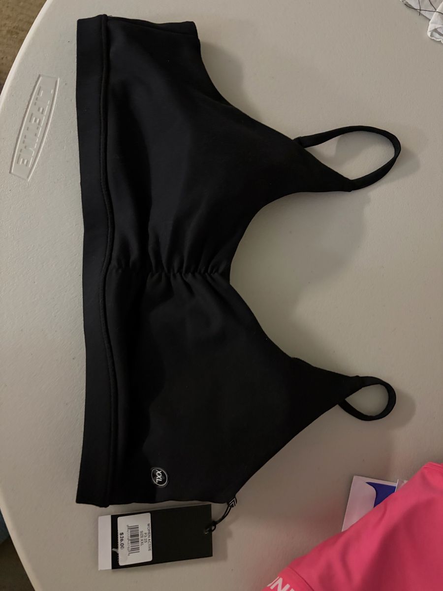 New XXL Black Sports Bra with Thin Straps - Medium Impact Activewear, Ruched Detail