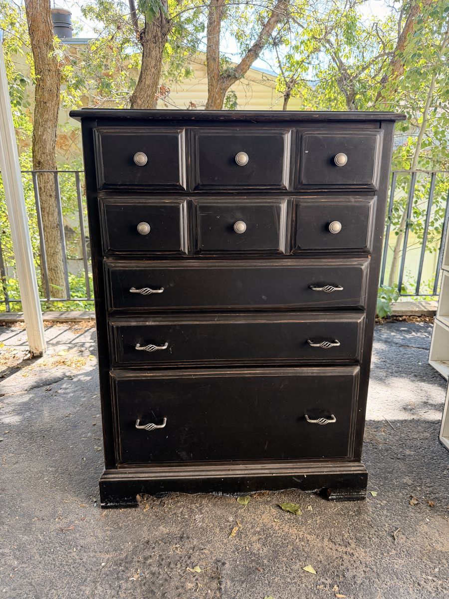 Distressed Black Wooden Dresser Chest with Metal Knobs
