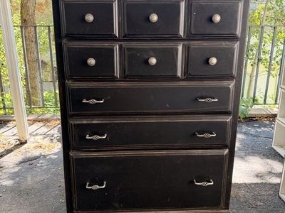 Distressed Black Wooden Dresser Chest with Metal Knobs