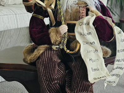 Burgundy and Gold Plush Sitting Santa Claus Holiday Figurine with Nice List 25"T