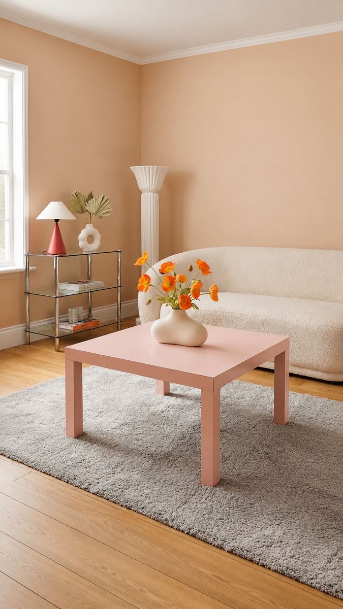 Vintage Post Modern 1980's Peachy Pink Matte Laminate Coffee Table Side Table Occasional Table w/Parsons Legs • Dopamine Decor