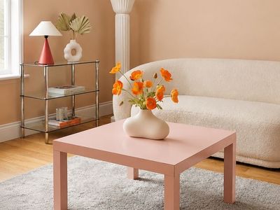 Vintage Post Modern 1980's Peachy Pink Matte Laminate Coffee Table Side Table Occasional Table w/Parsons Legs • Dopamine Decor