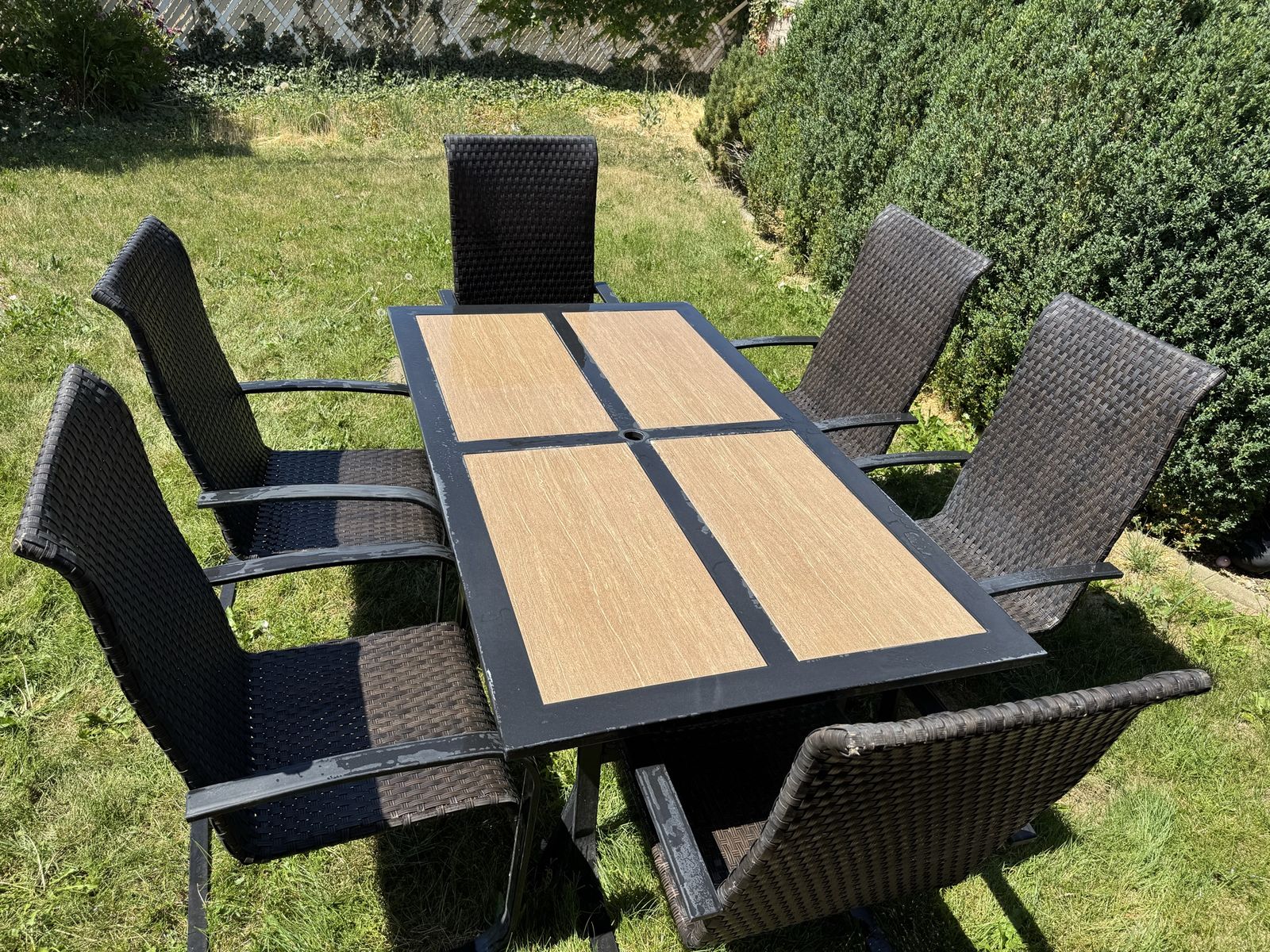 Outdoor Patio Dining Set with 6 Wicker Chairs and Wood-Look Table Top