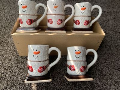 Set of 5 Snowman S'mores Ceramic Coffee Mugs