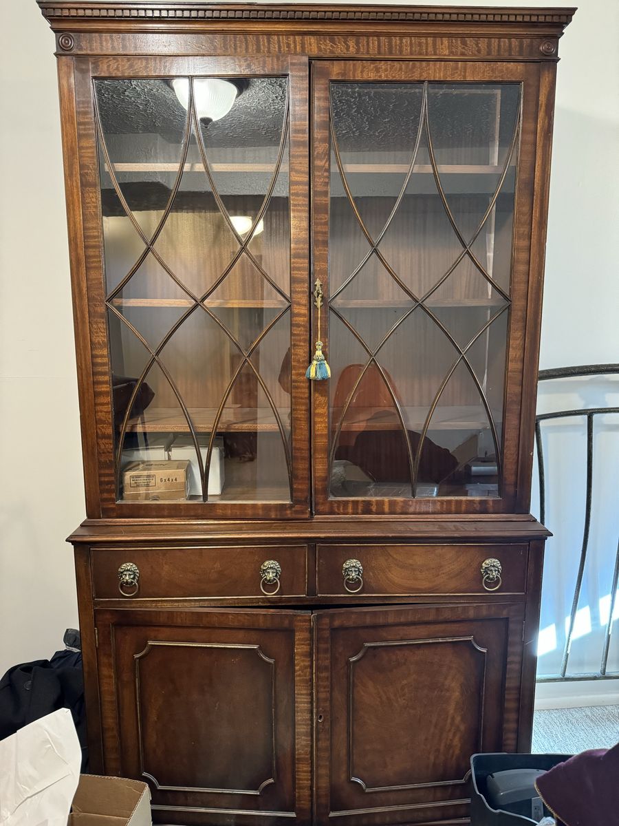 Vintage Wooden China Cabinet & Hutch with Glass Display Doors