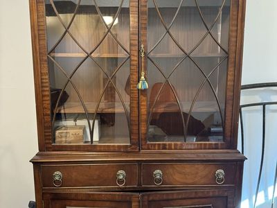 Vintage Wooden China Cabinet & Hutch with Glass Display Doors