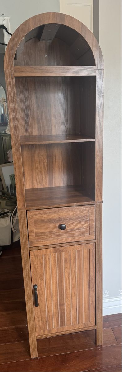 Arched Wooden Bookcase Shelf Unit with Center Drawer - Walnut Finish