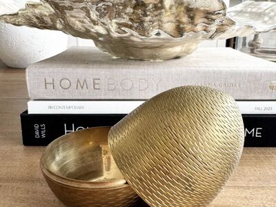 Vintage Aged Brass Etched Egg Shaped Container