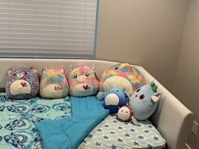 Complete Kids Twin Daybed + Trundle, Bedding & Like-New Squishmallows!