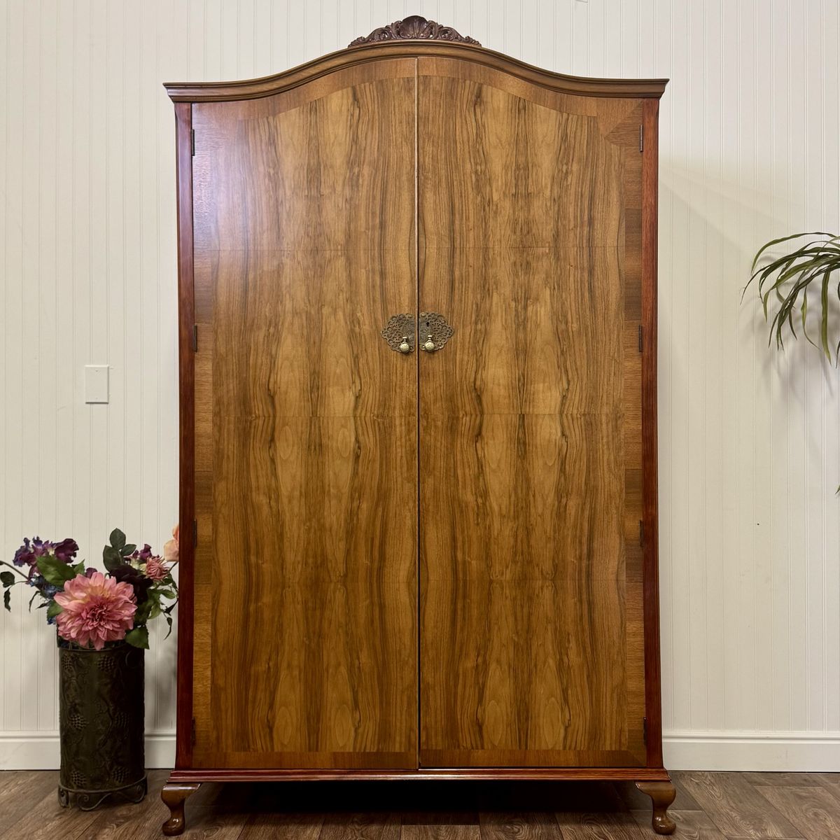 Vintage English Walnut Wardrobe / Armoire Cabinet
