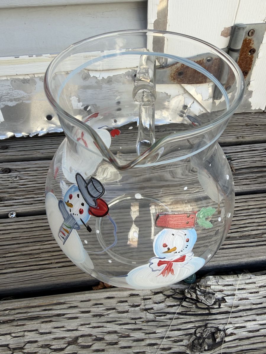 Hand Painted Snowman Glass Pitcher - Clear Christmas Holiday Decor