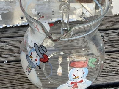 Hand Painted Snowman Glass Pitcher - Clear Christmas Holiday Decor