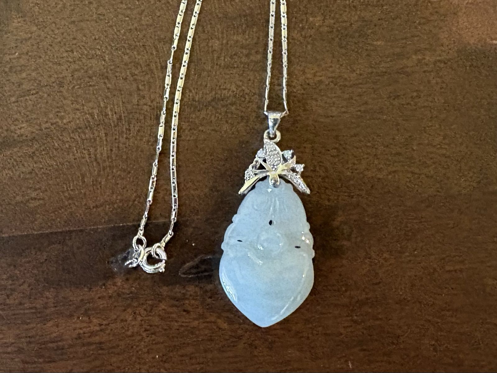 Carved Jadeite Pendant on Silver Tone Necklace
