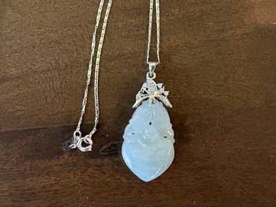 Carved Jadeite Pendant on Silver Tone Necklace