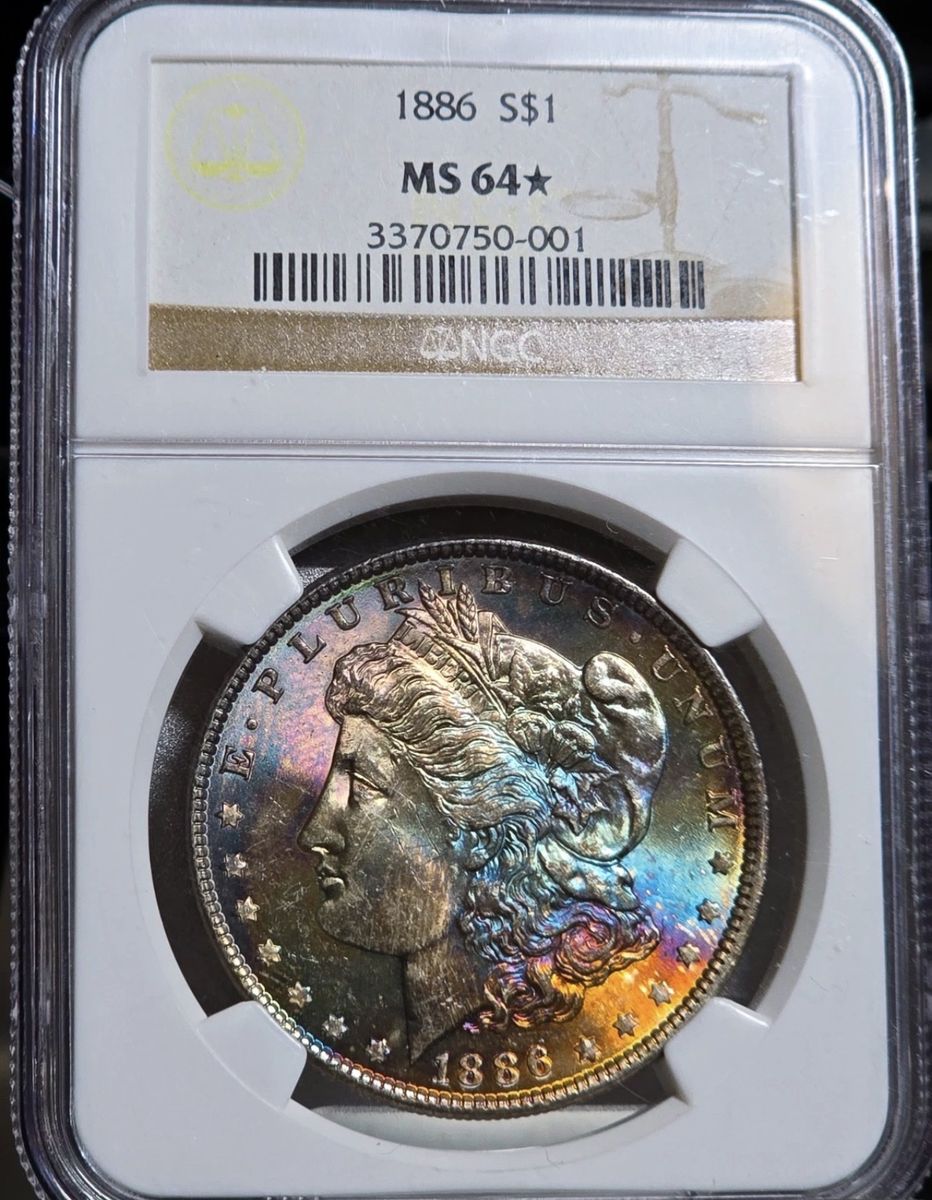 1886 Morgan Silver Dollar NGC MS64 STAR Textile Rainbow Neon Monster Toned Coin