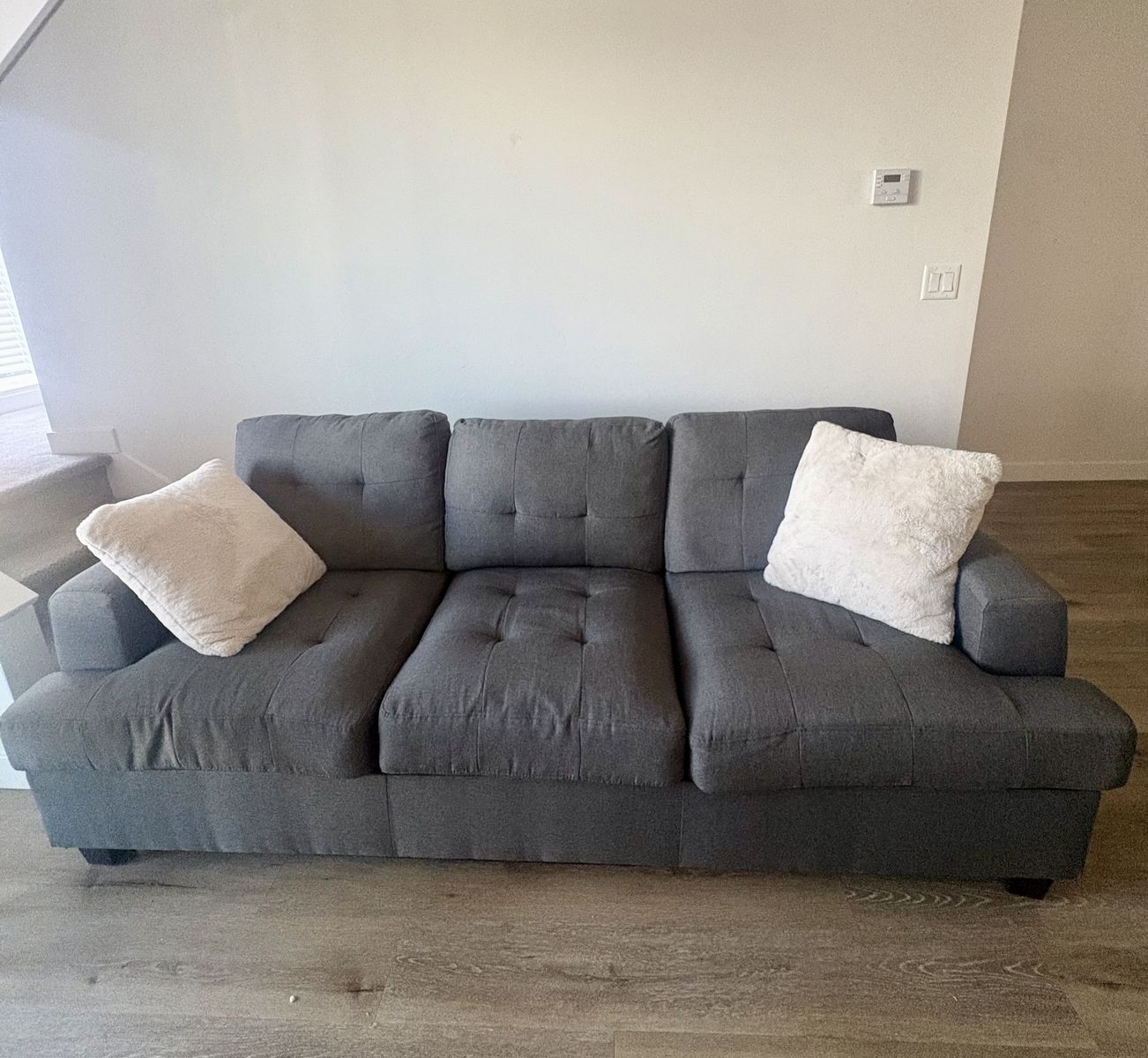 Dark Gray Fabric Couch with Tufted Details - Good Condition