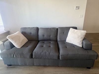 Dark Gray Fabric Couch with Tufted Details - Good Condition