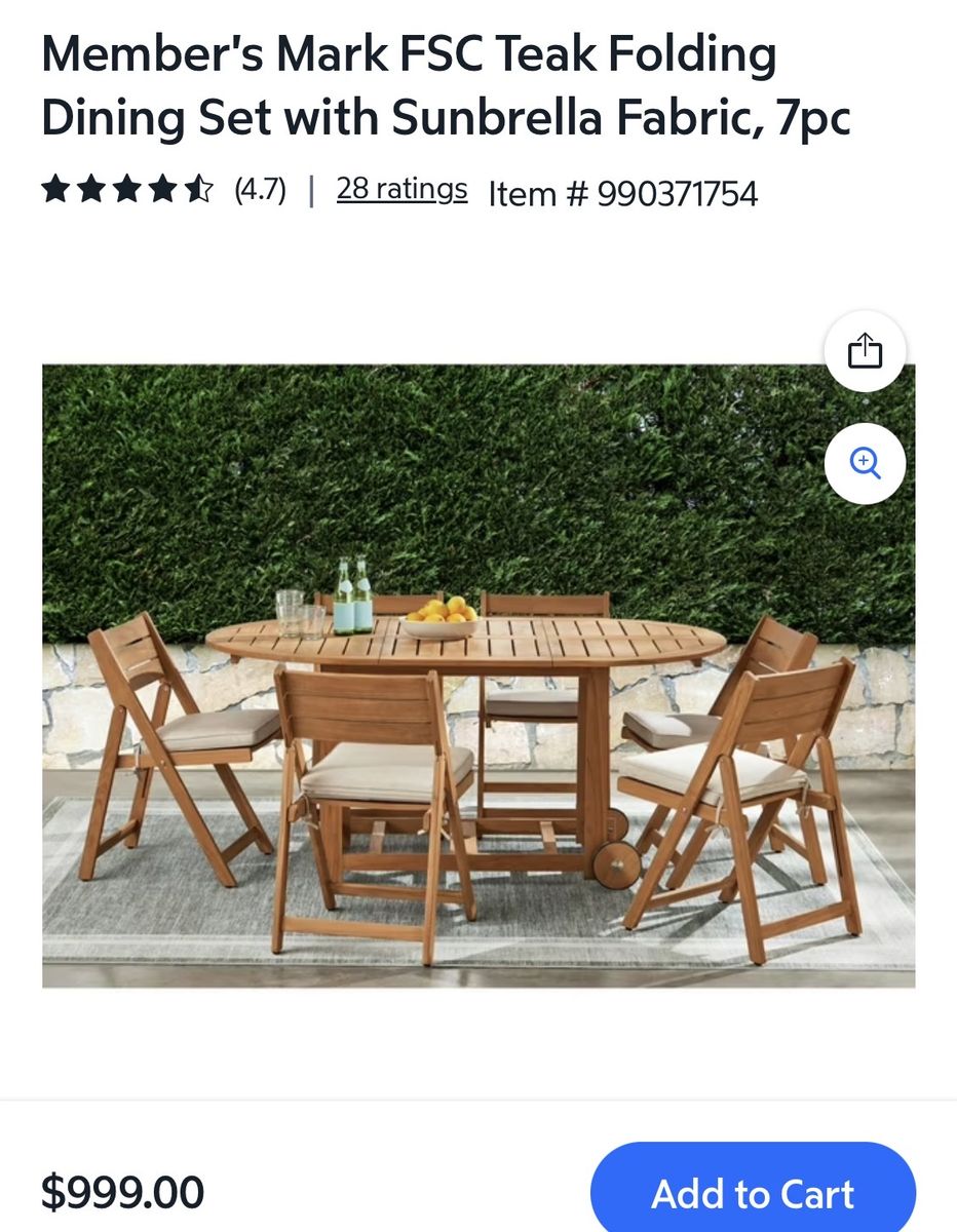 Member's Mark Bayfold 7-Piece FSC Teak Folding Outdoor Dining Set with Sunbrella Fabric
