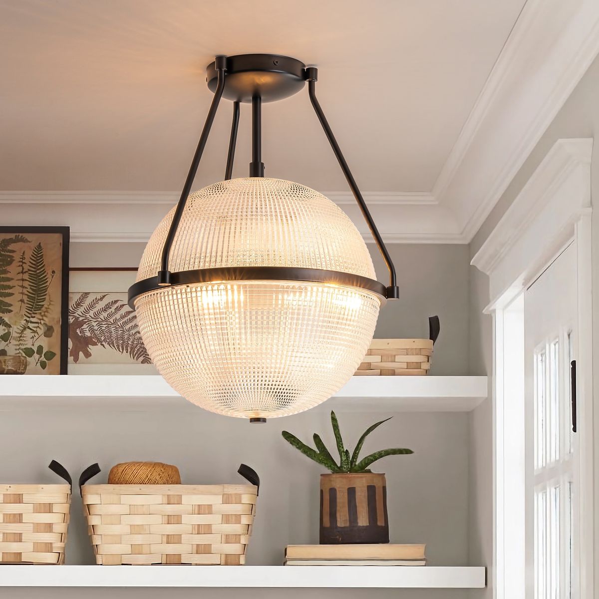 New- 17.1 in. 3-Light vintage style Mid-Century Crystal Glass Globe Bubble Semi-Flush Mount Light