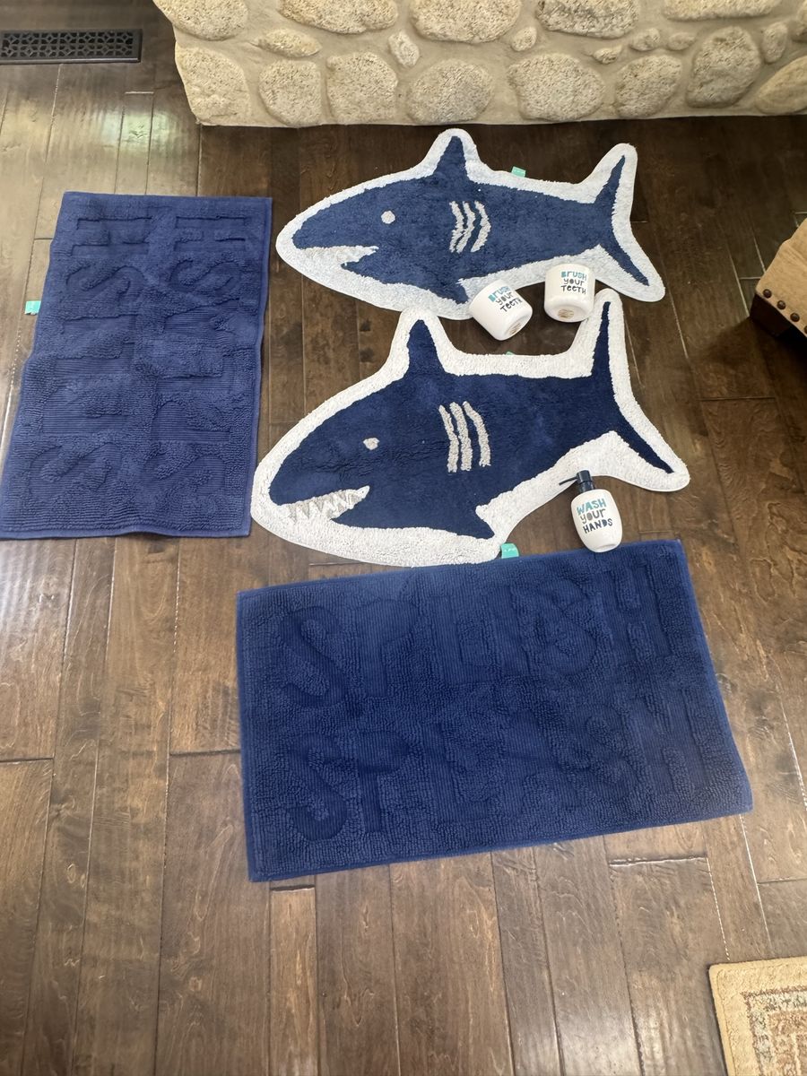 Kids Bath Decor Set: 2 Shark Rugs, 2 Blue Rugs, "Wash Your Hands" Dispenser & 2 Toothbrush Holders and more