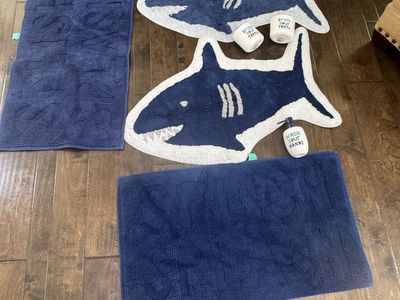 Kids Bath Decor Set: 2 Shark Rugs, 2 Blue Rugs, "Wash Your Hands" Dispenser & 2 Toothbrush Holders and more