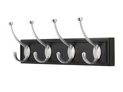 Black Base & Brushed Nickel 4-Hook Wall Mounted Coat Rack Hat Hanger Organizer
