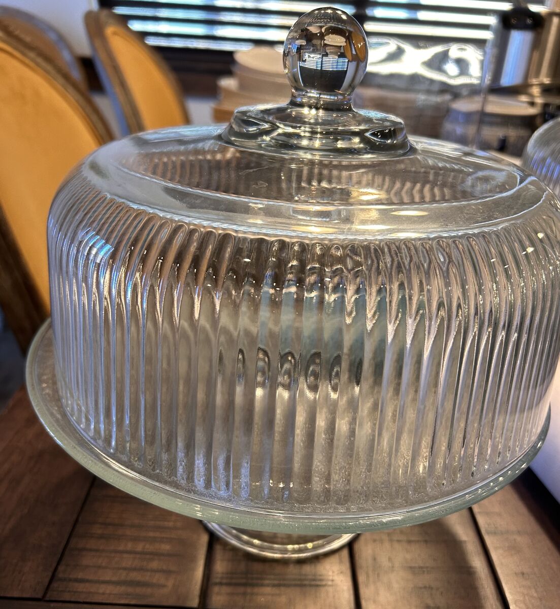 Glass Cake Stand with Dome and Ribbed Sides