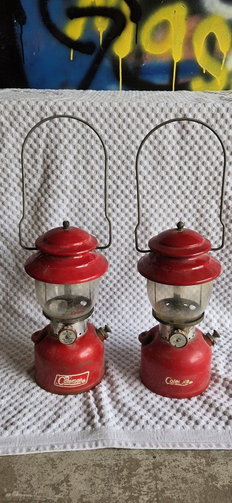 Vintage Coleman Model 200A Red Camping Lanterns - Pair