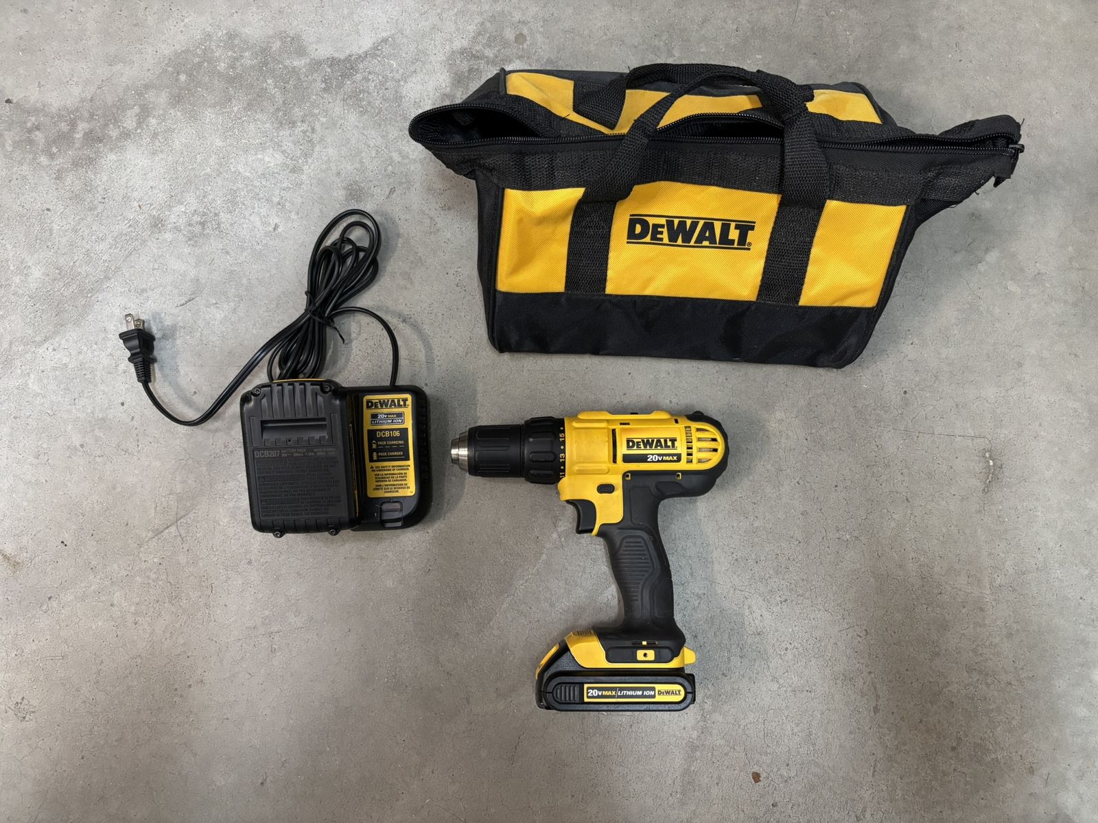 DeWalt DCD771 lightweight 20V MAX cordless compact drill driver plus charger and batteries