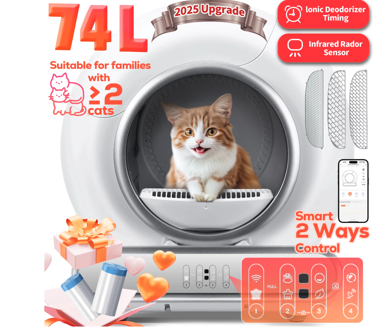 New Self Cleaning Cat Litter Box, Automatic Cat Litter Box with APP Control, 65+9L Large Capacity